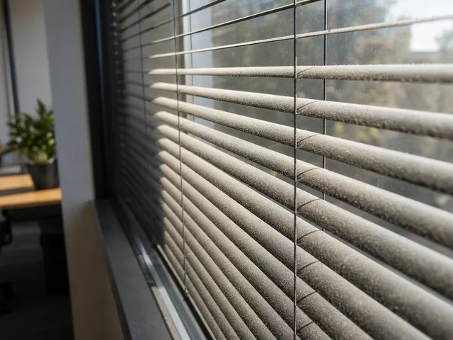 Staub auf Fensterjalousien als Symbol für dauerhafte Schmutzfilme und Allergenbelastung